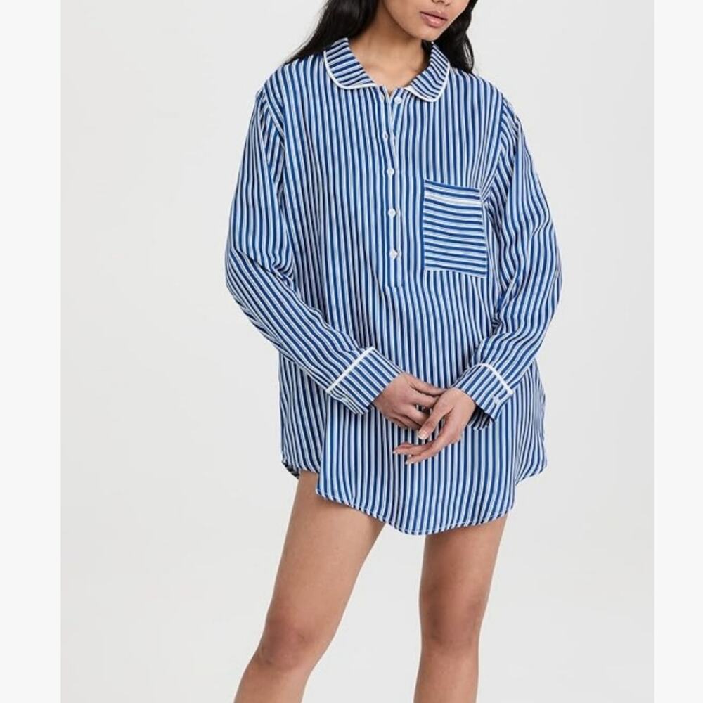 Plush Apparel Revolve Satin Striped Nightshirt NWT Blue White Sleep Shirt S